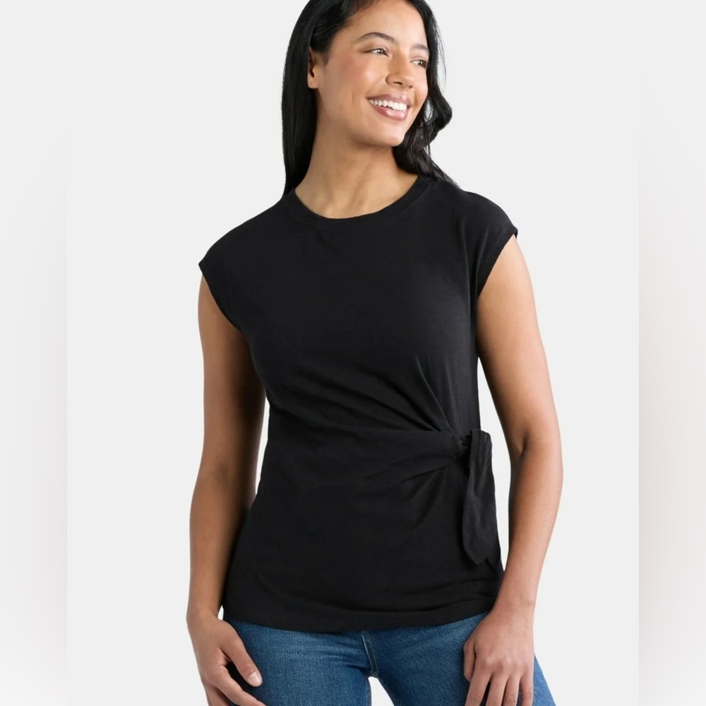 Time and Tru Women's Crewneck Black Cotton Side Tie Top NWT